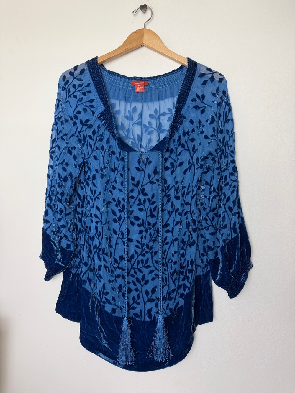 Sundance Blue Velvet Silk Burnout V-Neck Tunic Top